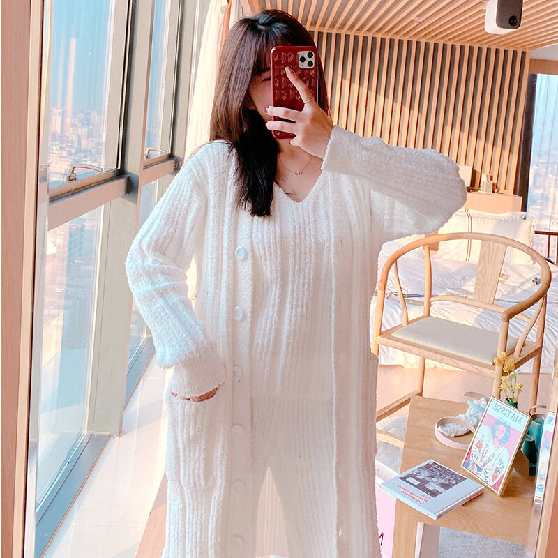 Winter Pajamas Three-piece Set Coat Vest Women Trousers Long Sleeves Warm Thick Cardigan Woolen Knitting Home Clothes Europe Pjs