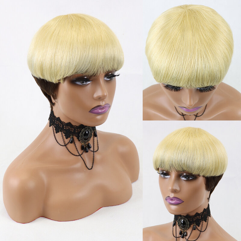 Pelucas de cabello humano brasileño con flequillo para mujeres negras, corte Pixie Bob corto, recto, sin malla frontal, barato