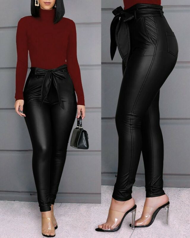 2022 new Belt High Waist Pencil Pant Women Faux Leather PU Sashes Long Trousers Casual Sexy  Fashion Pants