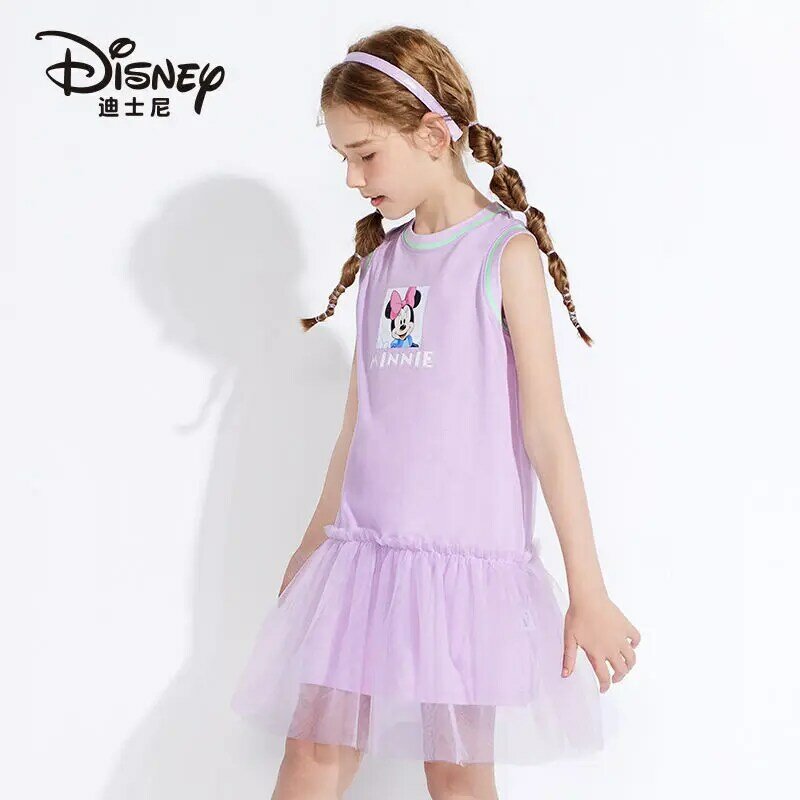 Bandai 2022 Summer Girls Disney Dresses Minnie Cute Print Sleeveless Gauze Skirt Big Boy Round Neck Cotton Casual Vest Skirt