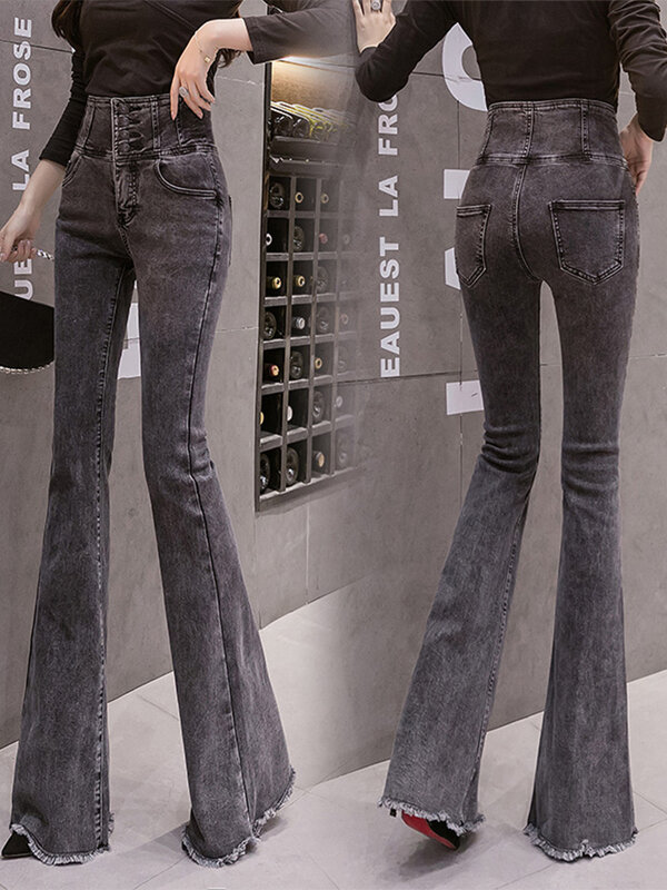 Calças de cintura alta de mulheres, jeans retrô emagrecedor, cortina elástica, roupa escovada, moda coreana, nova, outono, 2020
