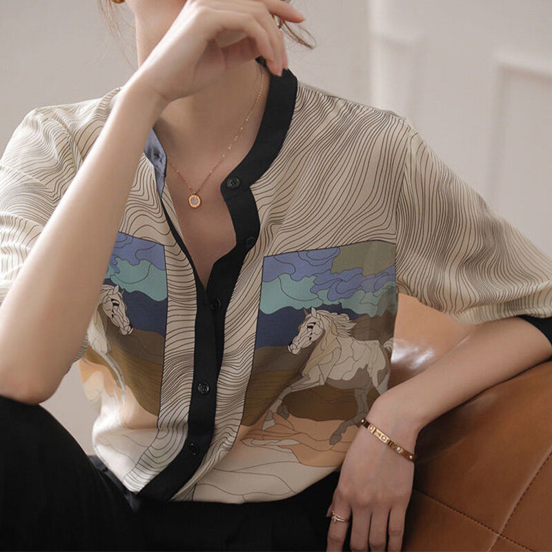 Blusa de seda de gusano de seda para verano, camisa de cuello redondo con estampado de cuadros de poni, Media manga, botonadura única, 2022