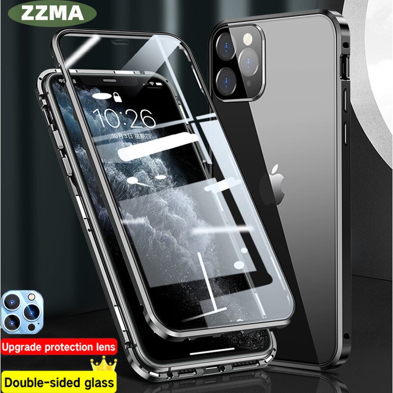 Zzma moda magnética adsorção caso de telefone de vidro para iphone 13 12 11 pro max xs xr mini novo 360 ° capa de proteção completa