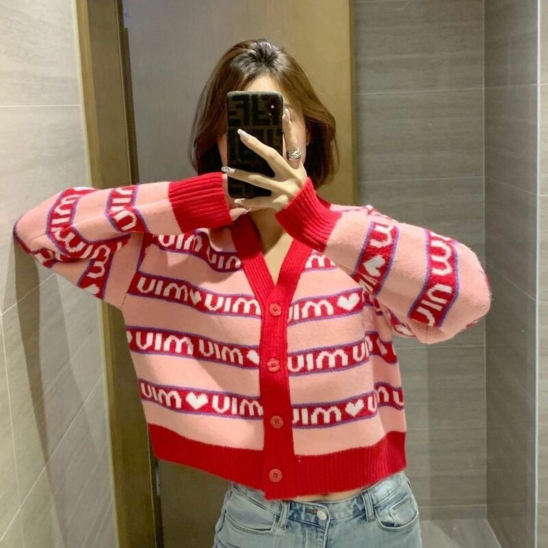 Women's knitted cardigan sweater jacquard y2k autumn and winter loose short knit cardigan jacket outer wear western style blouse
