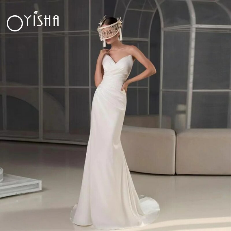 Oyisha moderno plissado sereia vestidos de casamento para as mulheres 2023 sexy elegante cetim strapless zíper voltar vestido de noiva robe de mariée