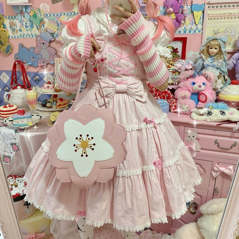 Xiuya Harajuku Kawaii Lolita กระเป๋าผู้หญิงหวานน่ารักเชอร์รี่ Blossom Shape ไหล่ Crossbody กระเป๋าญี่ปุ่น JK กระเป๋าถือ