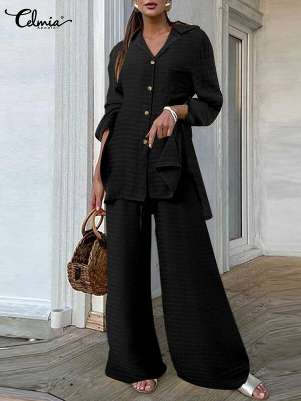 Celmia Set Celana Wanita Kemeja Lengan Panjang Celah Asimetris Saku Kerah dan Celana Panjang Kaki Lebar Set 2 Potong Mode Kasual Bergaris