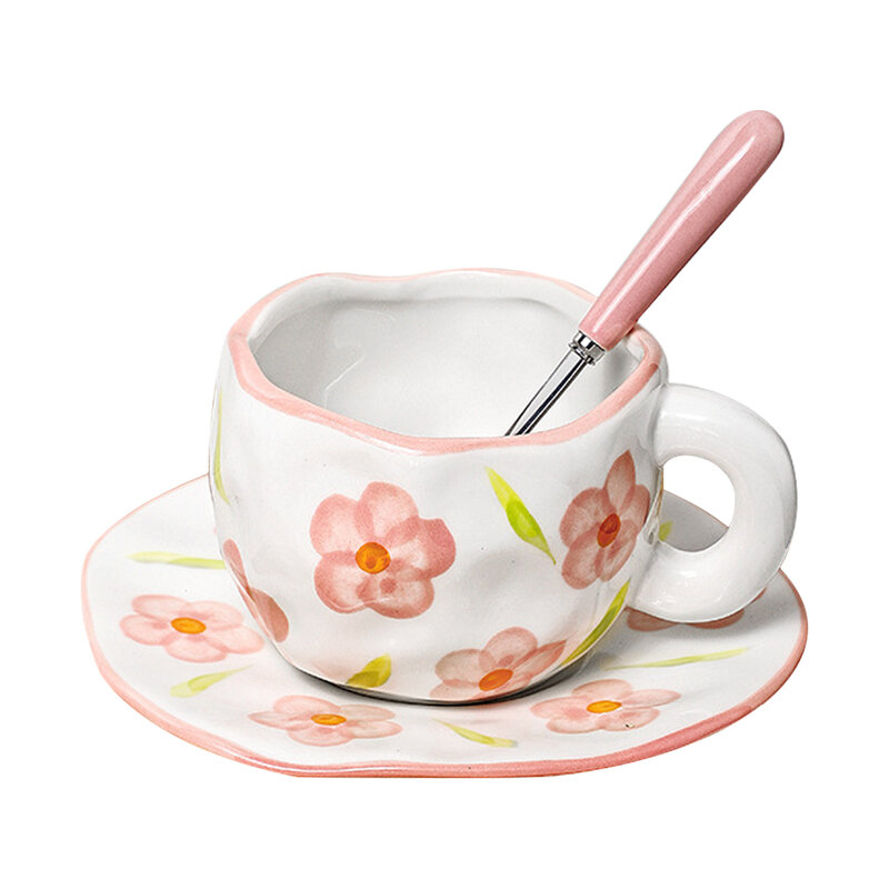 Taza de café de cerámica de flores pintadas a mano, taza de oficina en casa con plato, cuchara, desayuno, leche, jugo, té, mango, Juego de vasos de regalo
