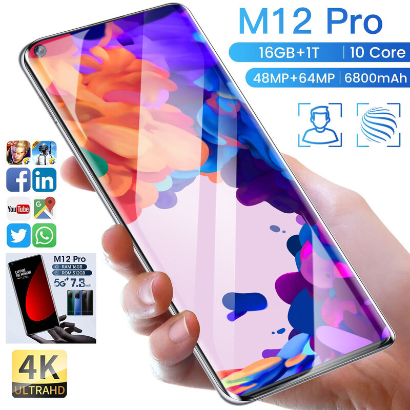 2022 M12 Pro 7.3 인치 스마트 폰 16 + 512GB 48MP 핸드폰 5G 네트워크 잠금 해제 스마트 폰 핸드폰 celulares