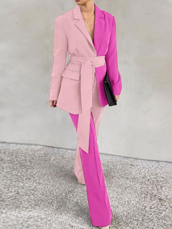 VONDA 2022 Lady Long Sleeve Office Pant Set Lapel Belted Jacket Formal Turnip Suit Polyeser Color Patchwork Long Trouser Suit 4#