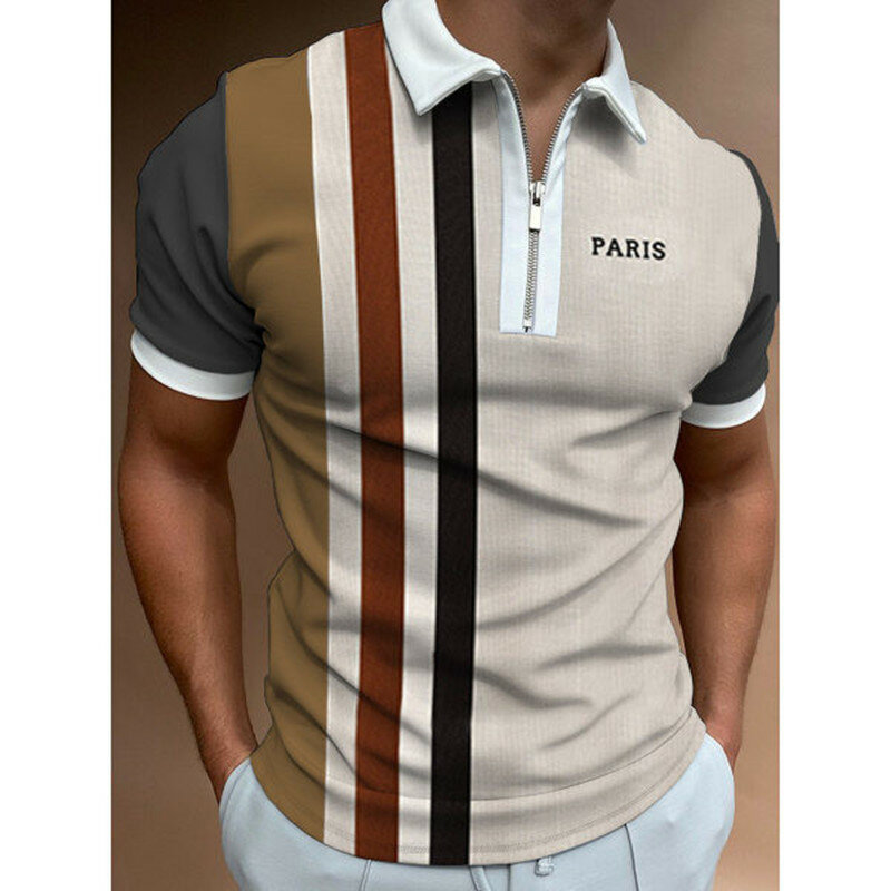 Hohe Qualität Sommer Männer Polo Shirts Grid Streifen Druck muster Casual Kurzarm Herren Shirts Drehen-unten Kragen Zipper t-shirt