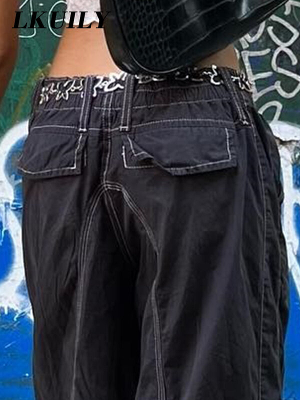 Брюки-карго Y2K женские прямые с карманами, винтажные штаны оверсайз в стиле Харадзюку, брюки с заниженной талией, широкие мешковатые джинсы, ...