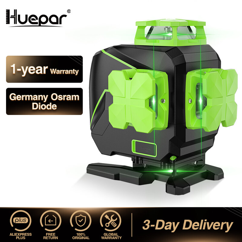 Самовыравнивающийся лазерный уровень Huepar, 16 линий, 4*360, зеленый луч, USB зарядка, для сухой и литий-ионной батареи