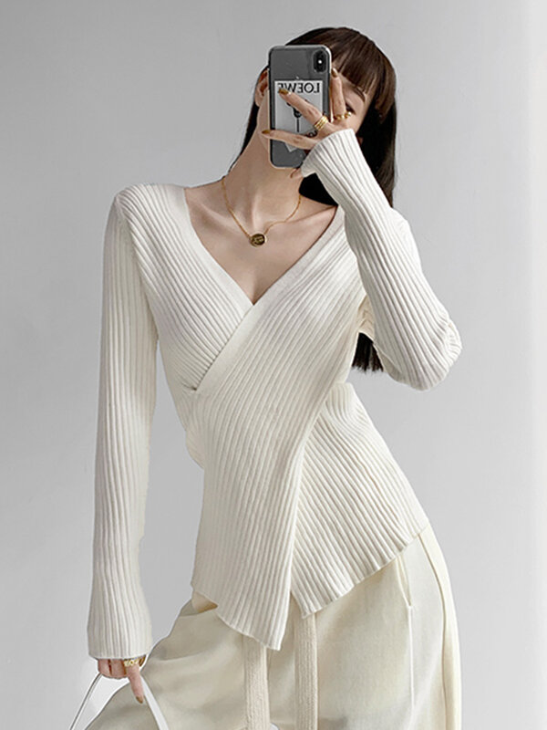 Sweater Wanita Elegan Perancis Mode Sweater Longgar T-shirt Bungkus Silang Pinggang Rajutan Pakaian Y2k Atasan Streetwear Musim Gugur Musim Dingin