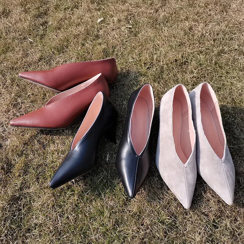 2022 novas bombas femininas sapatos de couro genuíno mais tamanho 22-26.5cm couro/ovelha camurça superior bombas de boca rasa único sapatos