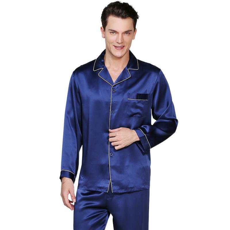 100% seta maschio due pezzi pigiama di lusso tinta unita manica lunga pigiama camicia da notte per pigiama da uomo per dormire
