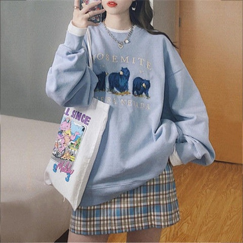 Light Blue Three Little Bear Sweater Embroidered Large Sweatshirt Casual Loose Plush Sweater American Vintage O- Neck Pullover