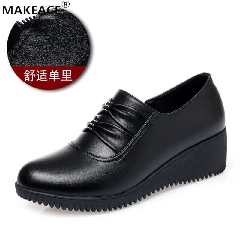 Spring Wedge Women's Shoes Fashion Leather Casual Mother Leather Shoes Outdoor All-match Comfortable Soft Bottom Low-top Shoes
