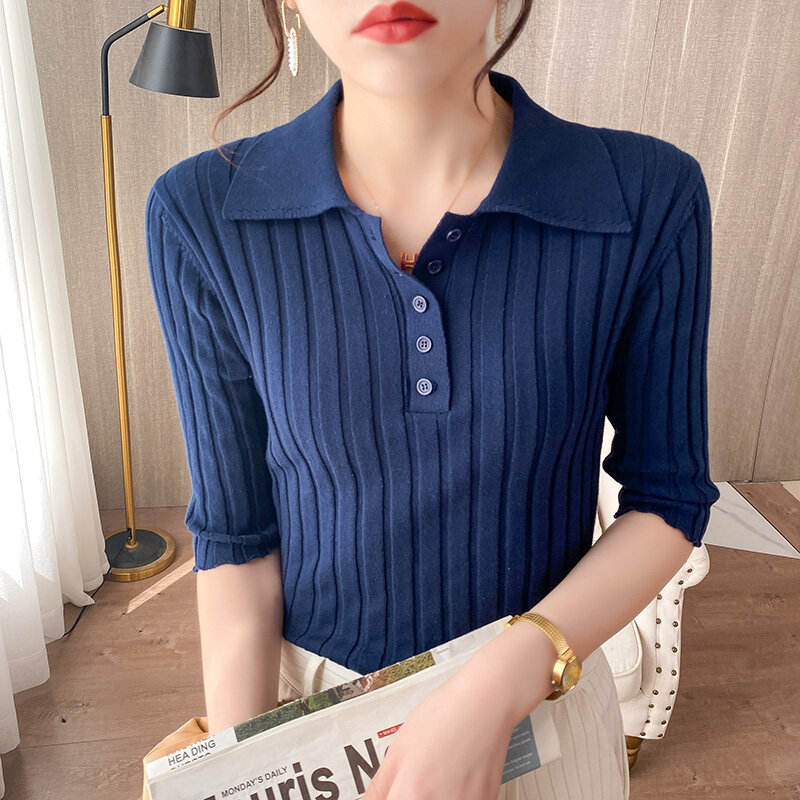Summer 100% Cotton Knitted Three-Quarter Sleeve Women's Sweater New POLO Tie Buckle Pit Strip Fashion T-Shirt Thin Bottom Layer