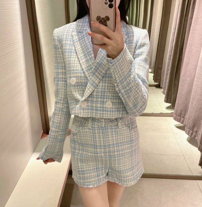 Women's Chic New Textured Casual Short Suit Jacket Fashion Double Breasted Long Sleeve Classic Style Female Suit + Shorts Mujer