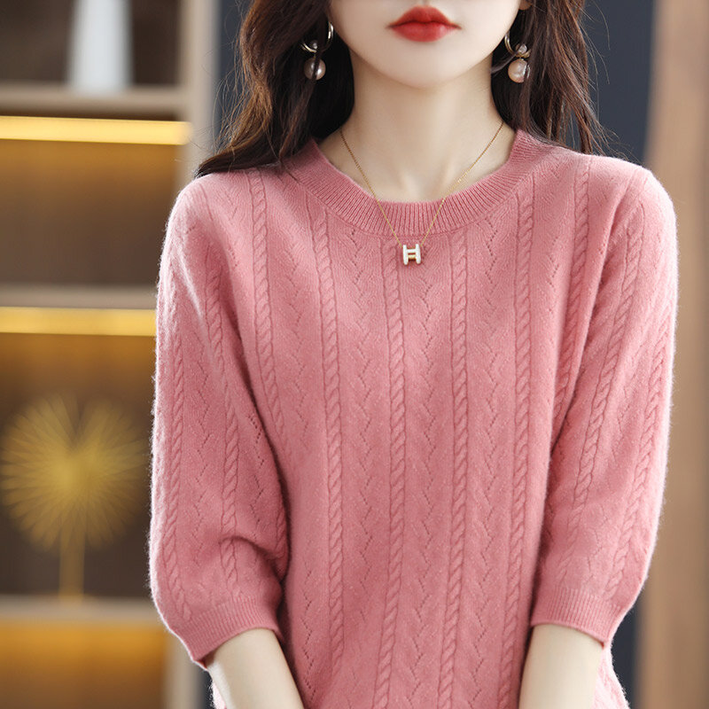Suéter de lana pura para mujer, Camiseta de cuello redondo, jersey de media manga, suéter de punto suelto hueco a la moda, 022, primavera y otoño