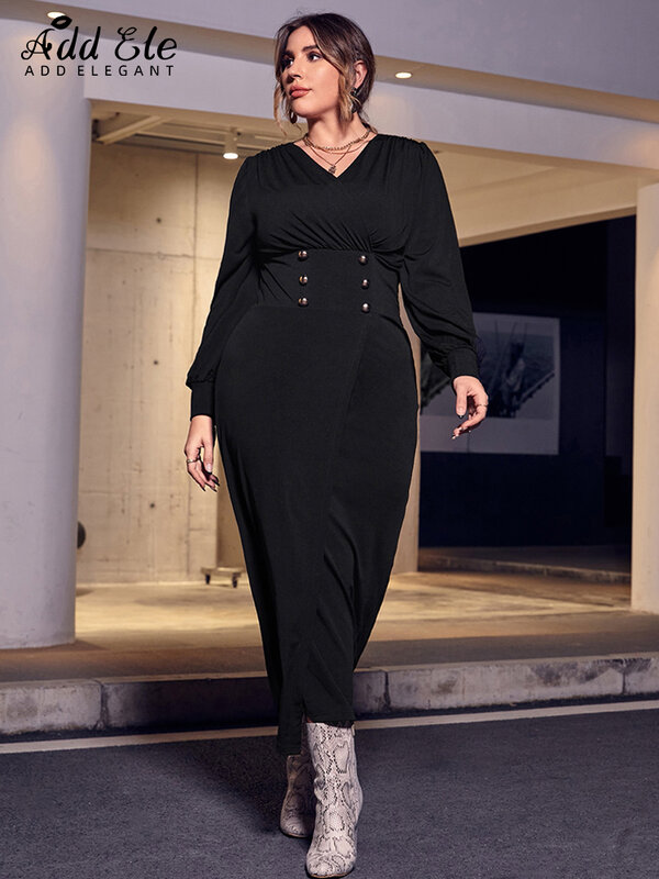 Adicionar elegante plus size lápis vestido feminino 2022 outono botão design suave cintura alta com decote em v elegante manga comprida roupas b1020