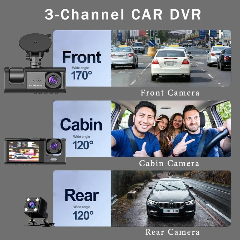 3-канальный Автомобильный видеорегистратор HD 1080P, 3-объективный внутренний Автомобильный видеорегистратор, трехсторонняя камера, видеореги...
