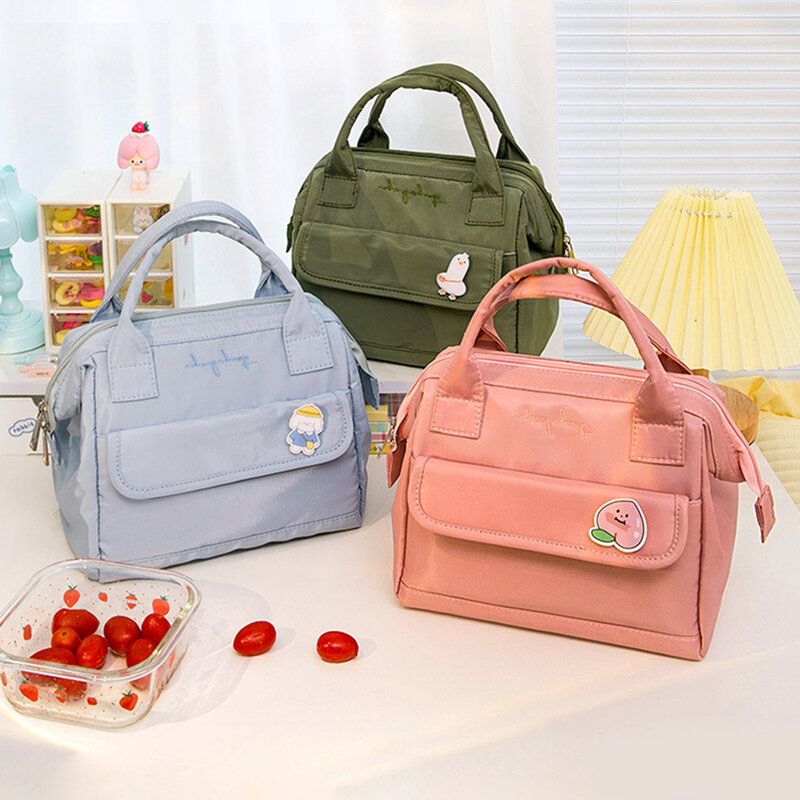 Bolsas de almuerzo Kawaii de gran capacidad para mujer, bolso de mano con dibujos animados adorables, contenedor de comida portátil de nailon para viaje, escuela y oficina
