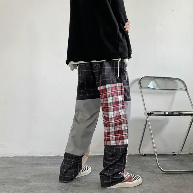 Pantalones de calle a cuadros para hombre, pantalón de pierna ancha, Harajuku coreano, con cordón de contraste de Color, holgado, de gran tamaño, Hip Hop