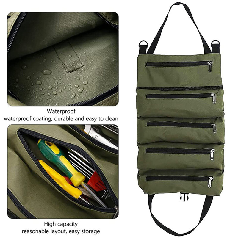 Canvas Roll Toolkit Bag Roll Multi-Purpose Tool Roll Up Bag Wrench Roll Pouch Hanging Tool Storage Zipper Carrier Tote