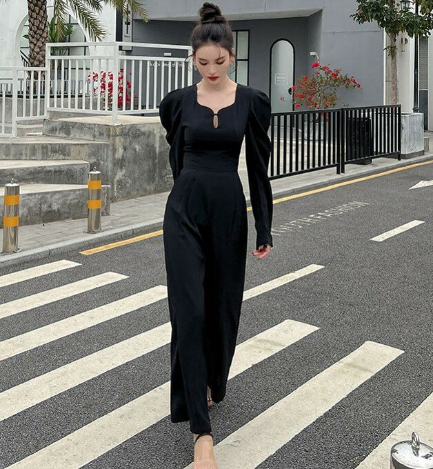 Temperament Vintage Effen Kleur Vrouwen Wijde Pijpen Jumpsuit Sexy V-hals Speelpakje Korea Elegant Office Lady Fashion Rompertjes Vrouwelijke