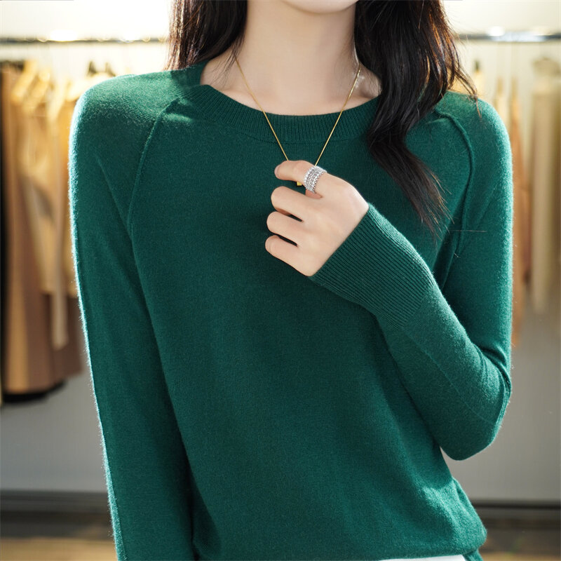 봄/가을 라운드넥 얇은 소모사 울 여성 스웨터, 느슨한 풀오버, 슬림 내부 니트 바닥 셔츠