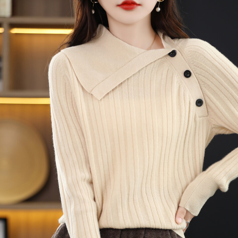 Jersey holgado de punto de lana pura para mujer, camisa con solapa Irregular, otoño e invierno, 100%