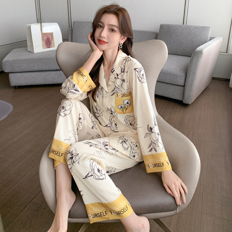 Verão 2022 nova mulher pijamas conjunto feminino versão coreana manga longa moda impressão terno primavera/outono fino casa roupas