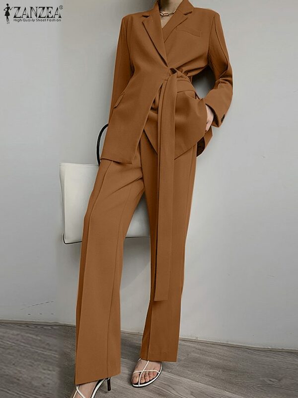 ZANZEA Work OL Celana Kasual Vintage Elegan Longgar Berenda Set Pasangan Warna Polos Wanita Musim Semi Blazer Blus Lengan Penuh Kerah