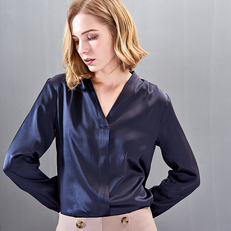 Camisa de satén elástica de seda pura para mujer, camisa elegante de oficina de manga larga azul oscuro, cuello en V
