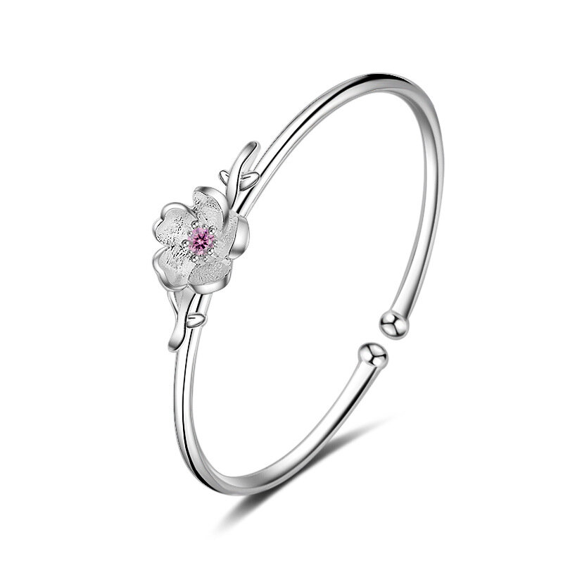 Fanqieliu Cute Charms Bracelet Cuff Retro Flower Cherry Crystal Pink Purple White 925 Sterling Silver Bangles For Women FQL20096