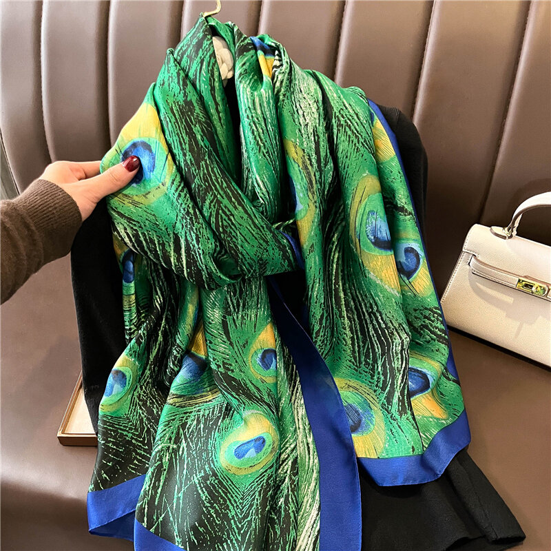 Nova moda impressão cetim lenço de seda para as mulheres xales de luxo e wraps lenço grande 180x90cm estolas de praia lenços echarpe