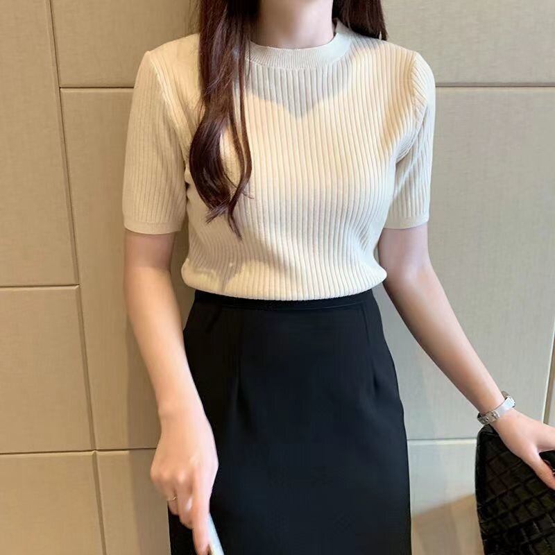 Basic Short Sleeve T-shirts Women 2022 Summer Solid O-neck Thin Knitting T Shirts Woman Korean Slim Fit Ribbed Tops
