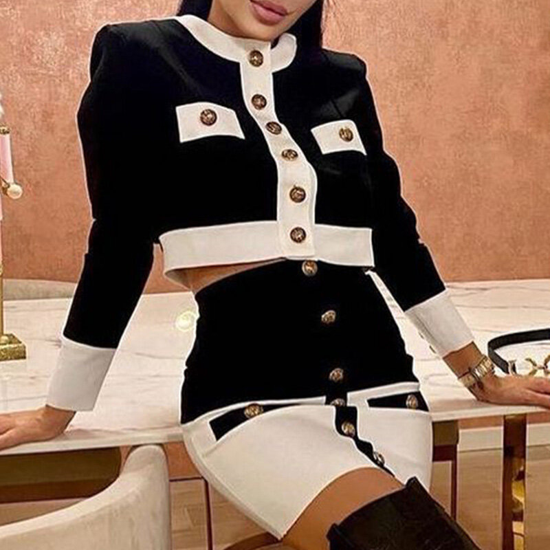 Elegante malha xadrez blazer cardigan + saia fina ternos roupas femininas moda escritório duas peças conjunto botão de metal vintage senhora ternos