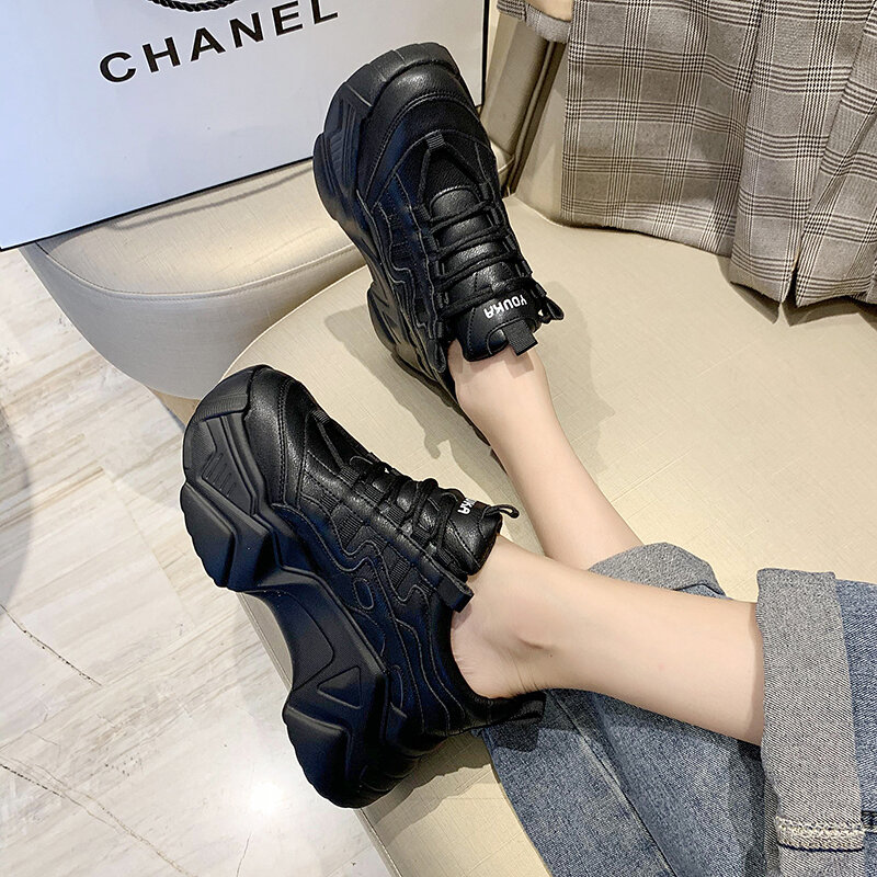 Zapatillas gruesas vulcanizadas para mujer, zapatos informales de plataforma alta con cordones, color negro, 2020