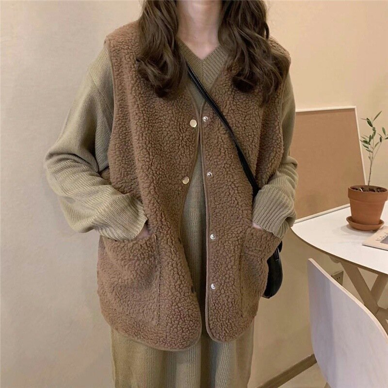 Lã de cordeiro sem mangas aquecida colete preppy solto marrom térmico outono 2022 roupas femininas vintage oversize casaco quente