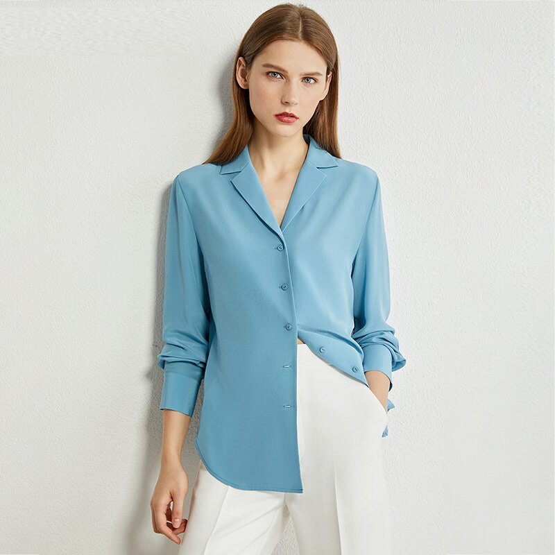 Kaus Berkancing Kerah V Sutra Asli Mode 100% Blus Solid Musim Gugur Minimalis untuk Wanita Kantor Wanita Atasan Temperamen Antik