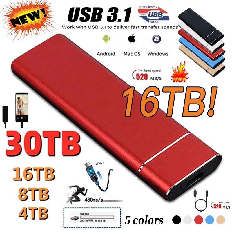 High Speed Hot Portable SSD 2TB 1TB 500GB External Hard Drive 4TB 16TB Type-C USB 3.1 External Storage Hard Disks For Laptops