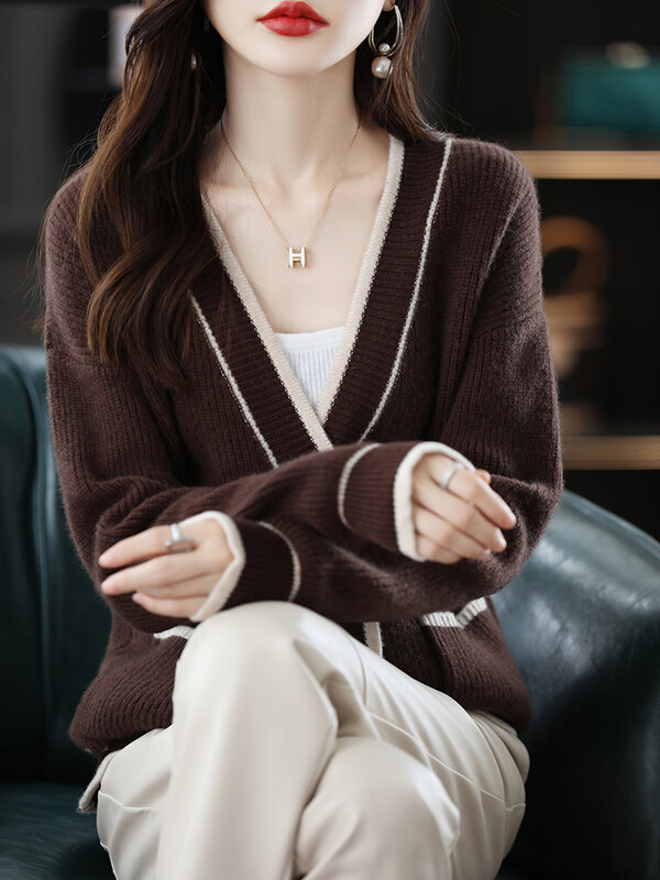 Suéter de lana pura para mujer, cárdigan de otoño e invierno con temperamento suelto y grueso, abrigo de viento perezoso, suéter