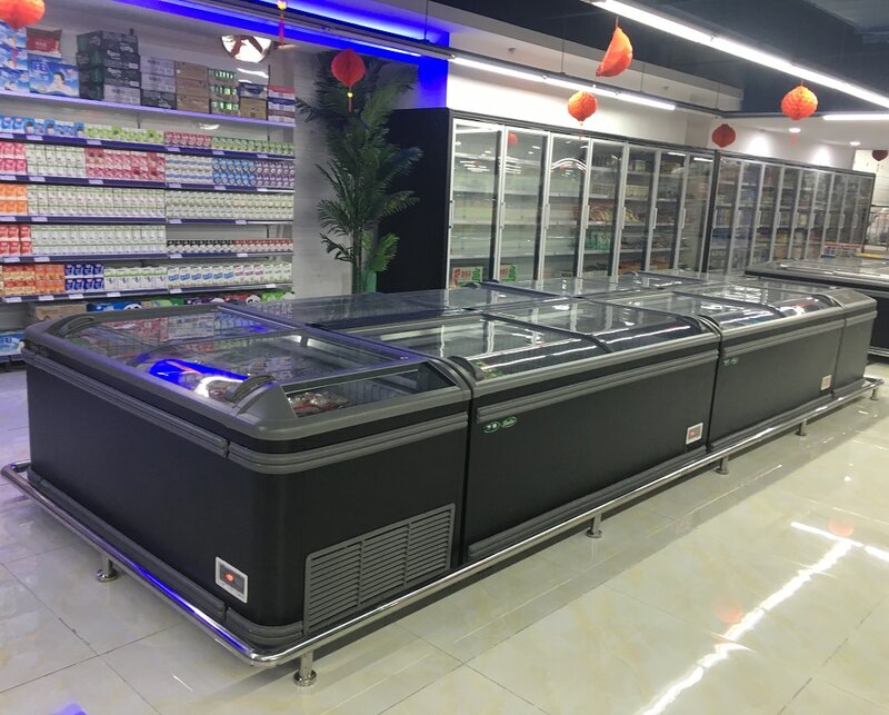 Kabinet Supermarket Kulkas Freon Horisontal Pintu Kaca Lengkung Geser Freezer Dalam Kombinasi Bebas Beku