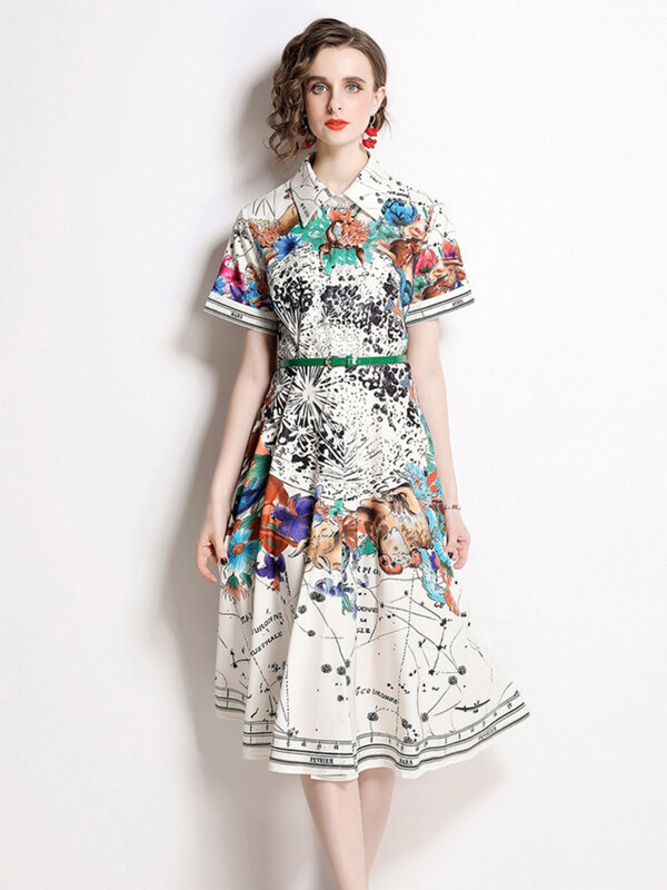 새로운 패션 싱글 브레스트 셔츠 드레스 빈티지 별자리 인쇄 a 라인 스커트 캐주얼 미디 롱 드레스, 여름 2022