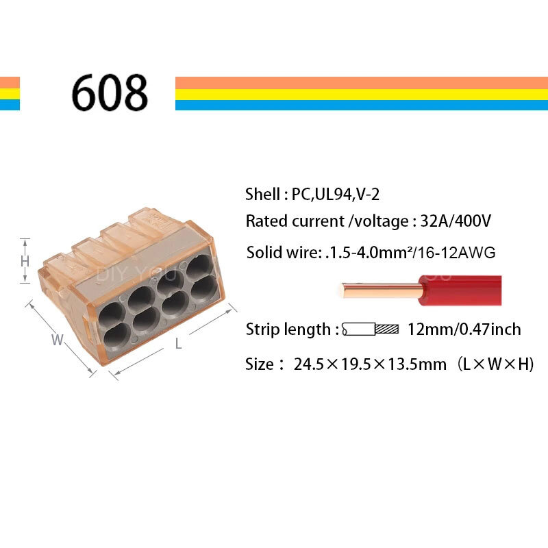 Conector de cable compacto, bloque de terminales de empuje, 2/4/100 Pin Lever1.5-4 AWG 16-12, 602, 604, 606, 608, 6/8, 30/50/Uds.
