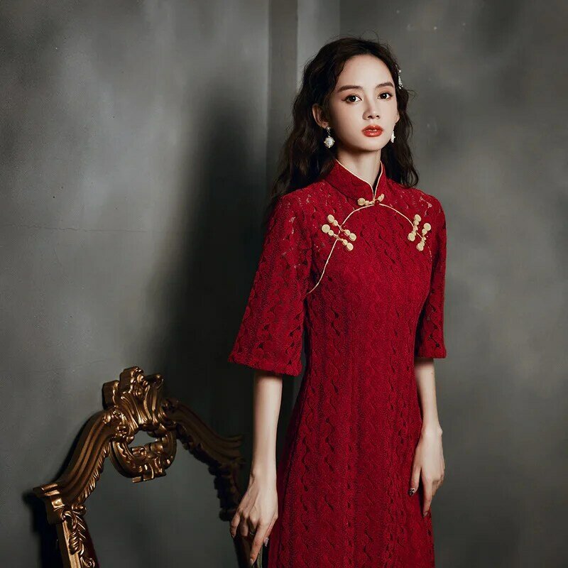Cheongsam chinês retro-casamento-renda estilo de verão-levante-se colarinho-meia manga-comprimento médio-vestido com pescoço chique e atraente