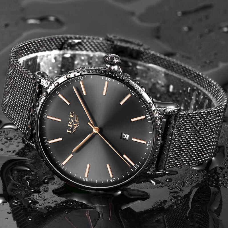 Lige-Slim Mesh aço quartzo relógio de pulso masculino, marca superior, luxo, relógios luminosos, data automática, caixa incluída